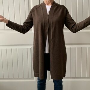 Women’s long length cardigan in a chocolate brown